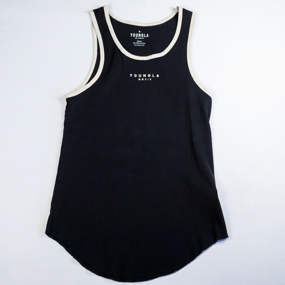 YoungLA Tank Top Mens M Black Ribbed Ringer Curved Hem Athletic Sleeveless Tee